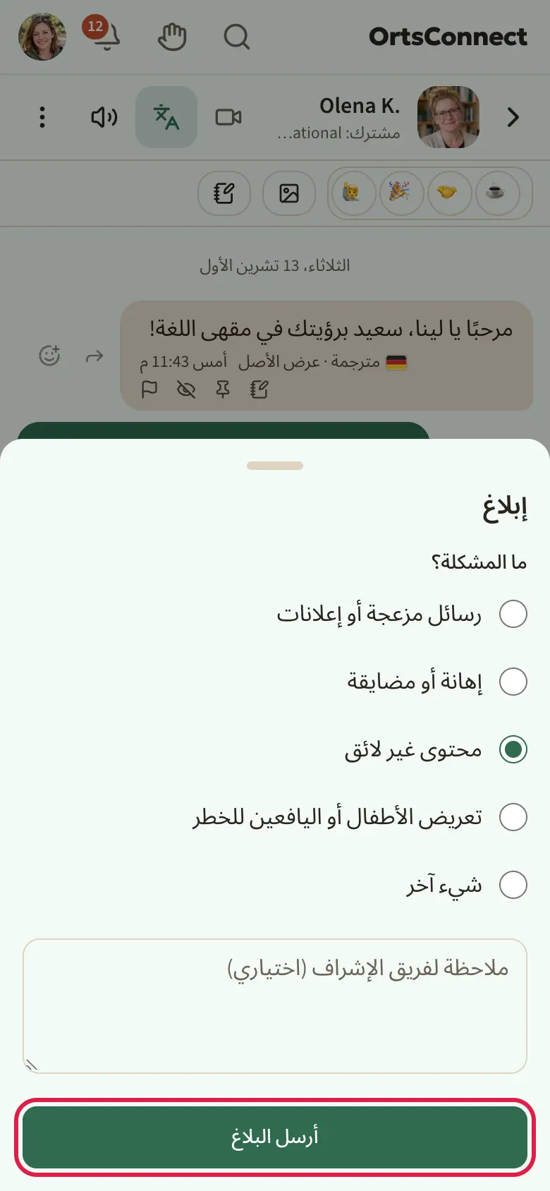نافذة «إبلاغ» مفتوحة مع الأسباب الخمسة كخيارات (محتوى غير لائق مختار)، وتحتها حقل الملاحظة، والزر «أرسل البلاغ» مُعلَّم
