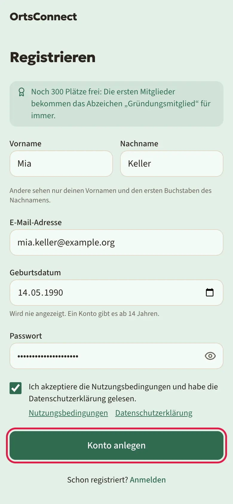 Seite „Registrieren“ auf dem Handy, ausgefüllt mit Beispielnamen (Vorname, Nachname, E-Mail, Geburtsdatum, Passwort), Häkchen bei den Nutzungsbedingungen gesetzt, Knopf „Konto anlegen“ markiert