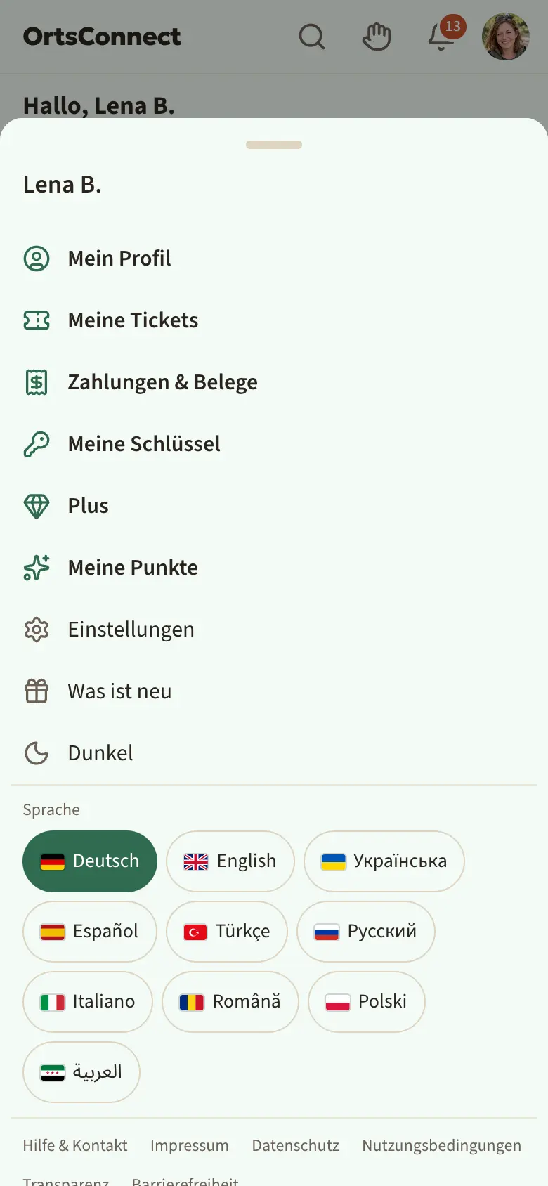 geöffnetes Avatar-Menü mit Namen oben, darunter Mein Profil, Meine Tickets, Zahlungen & Belege, dann Einstellungen, Was ist neu, Dunkel, die Zeile mit den Rechtstexten und Abmelden (rot)