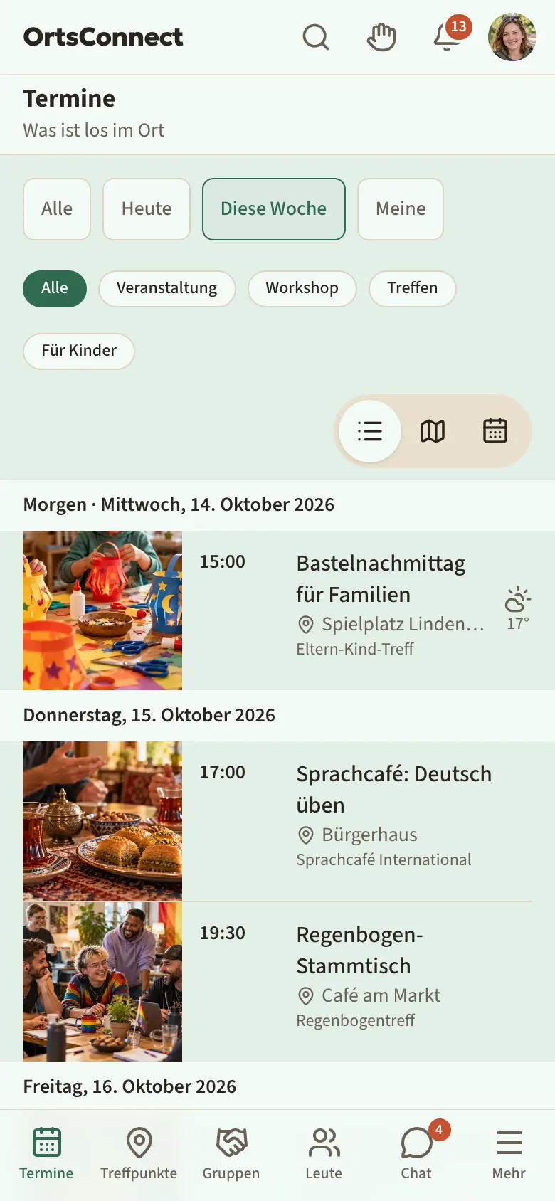 Bereich „Termine“ mit den Auswahlknöpfen Alle, Heute, Diese Woche, Meine; darunter Veranstaltung, Workshop, Treffen, Für Kinder; „Diese Woche“ ist ausgewählt; darunter eine Liste mit Terminen unter der Überschrift „Heute“