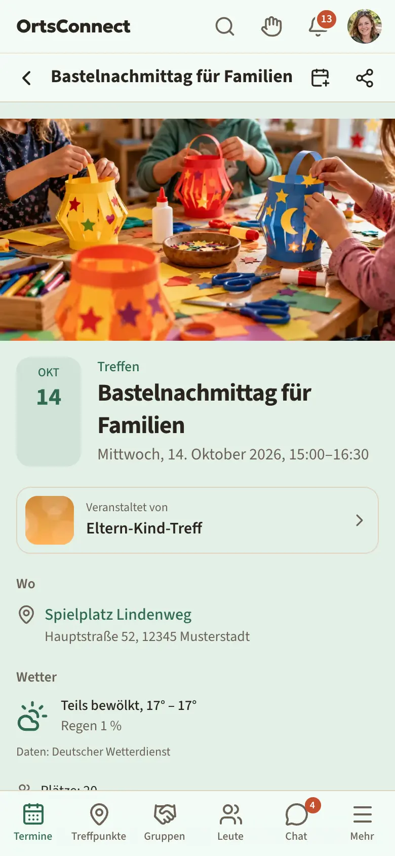 Terminseite mit Titel, Datum, Ort und dem Kasten „12 von 20 Plätzen belegt“, darin der Knopf „Dabei sein“ markiert