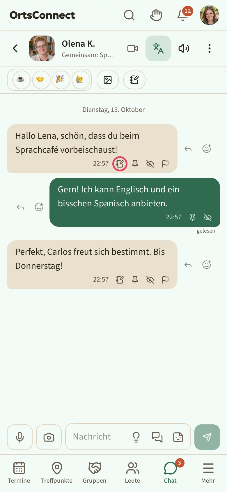 fremde Nachricht in einem Direktchat: neben der Blase der Pfeil zum Antworten und das ⊕ zum Reagieren, darunter die Zeitzeile mit „In meine Notizen · Anpinnen · Für mich löschen · Melden“; oben die Leiste „Angepinnt“ mit einer angepinnten Nachricht