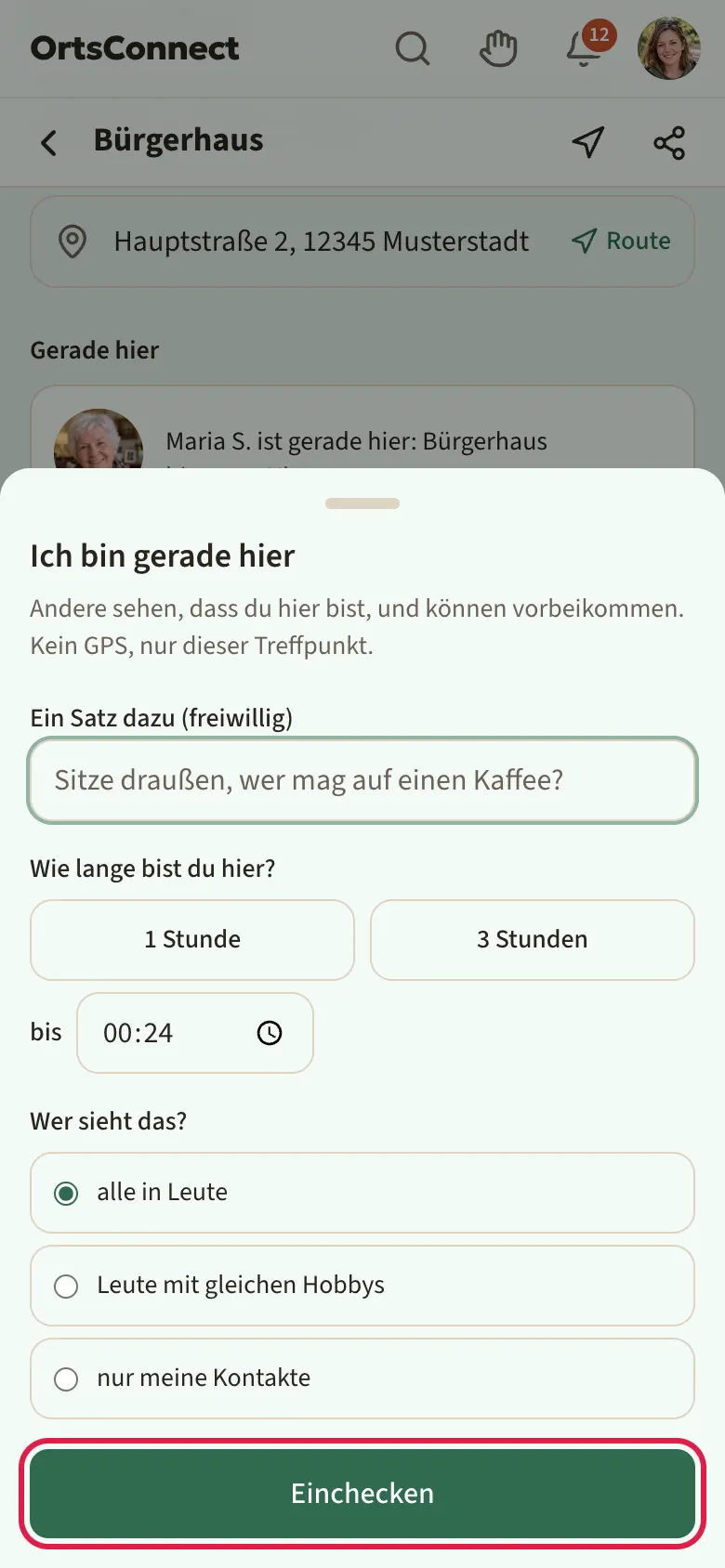 Seite eines Treffpunkts (z. B. eines Cafés) am Handy mit geöffnetem Fenster „Ich bin gerade hier“: Auswahl „1 Stunde“ / „3 Stunden“ und Uhrzeit, Feld „Ein Satz dazu (freiwillig)“, „Wer sieht das?“ und der Knopf „Einchecken“ markiert