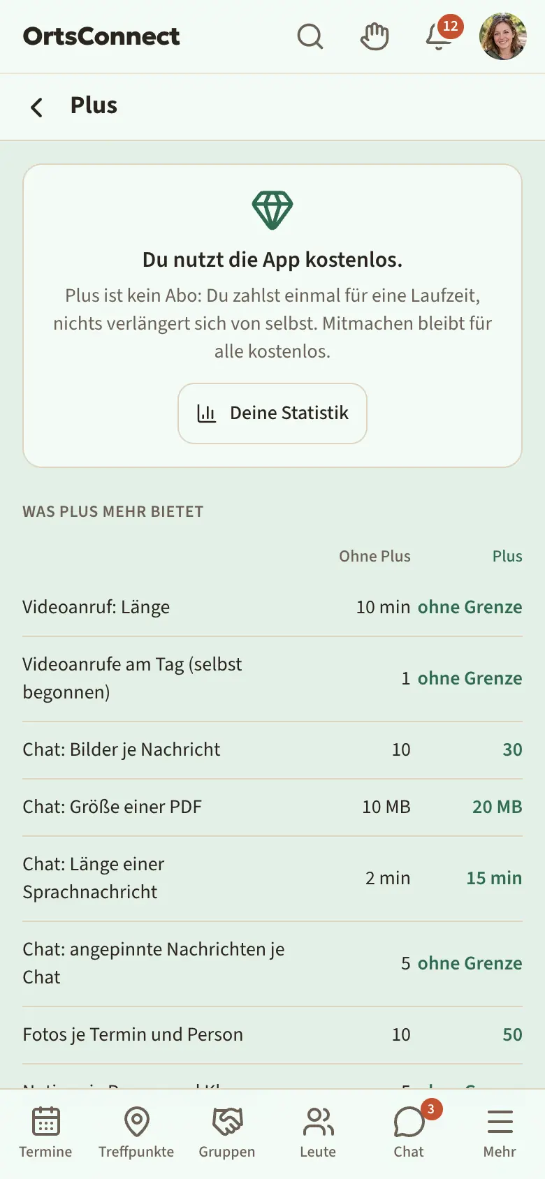 Seite „Plus“ im Browser am Handy: oben „Du nutzt die App kostenlos.“ und der Satz „Plus ist kein Abo …“, darunter die Tabelle „Was Plus mehr bietet“ mit den Spalten „Ohne Plus“ und „Plus“, darunter „Plus holen“ mit den Laufzeiten 1 Monat und 12 Monate und „Weiter zum Bezahlen“