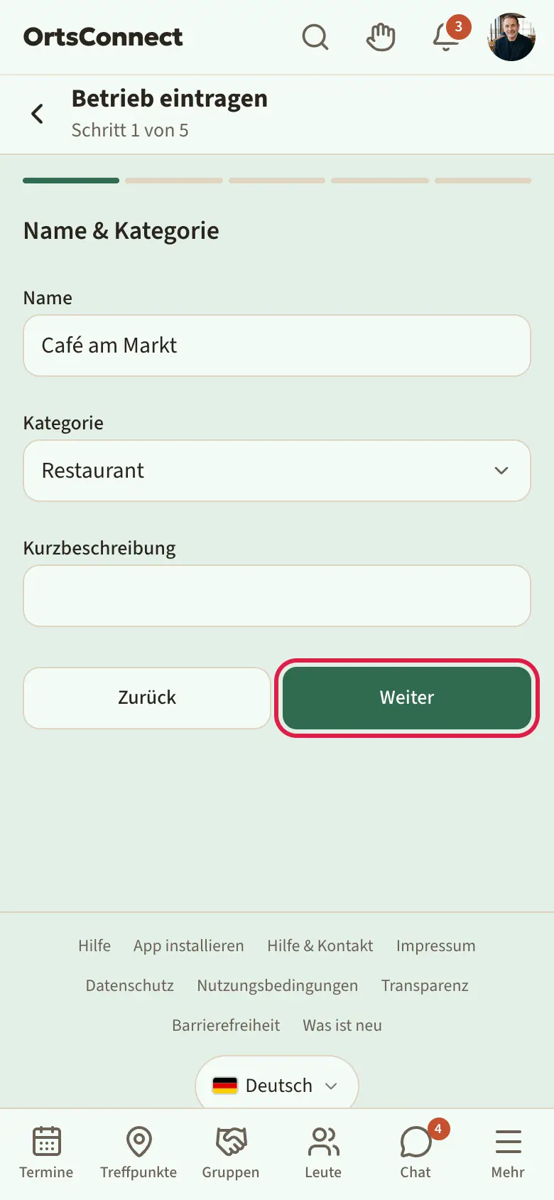 Assistent „Betrieb eintragen“ im ersten Schritt „Name & Kategorie“ mit ausgefülltem Namen und gewählter Kategorie, Fortschrittsbalken oben, Knöpfe „Zurück“ und „Weiter“ unten, „Weiter“ markiert