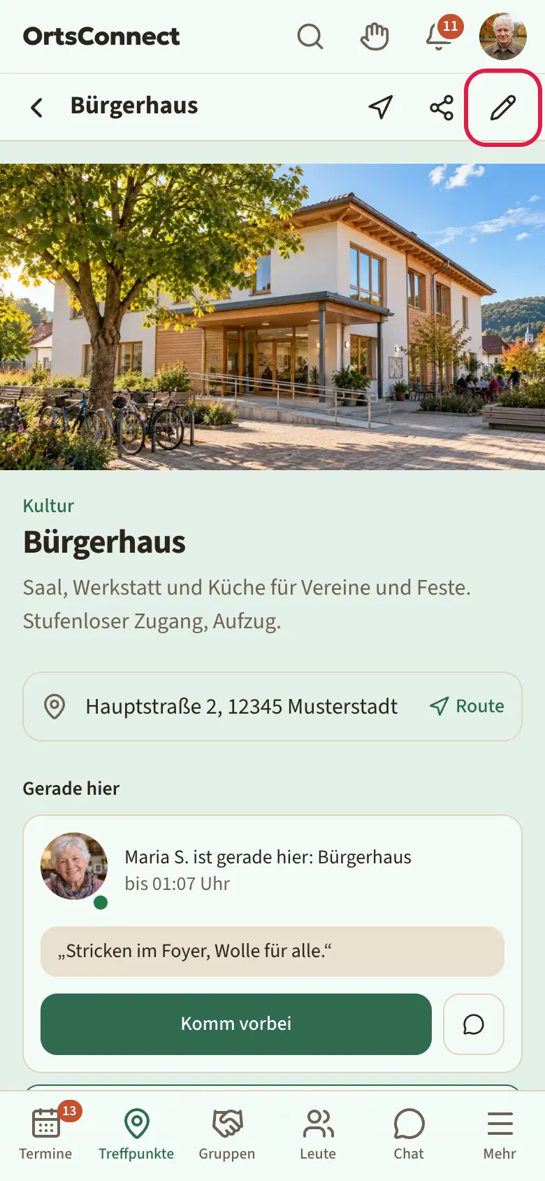 Seite eines eigenen Treffpunkts, Stift-Symbol „Verwalten“ oben rechts im Seitenkopf deutlich markiert