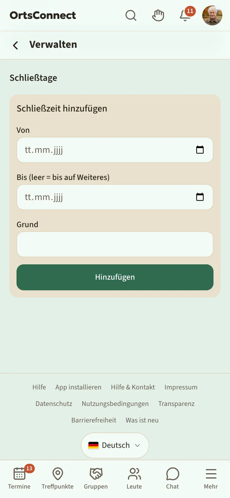 Verwaltung › Zeiten, Abschnitt „Schließtage“ mit einem Eintrag „Geschlossen vom … bis …“ und Grund, darunter der ausgefüllte Kasten „Schließzeit hinzufügen“