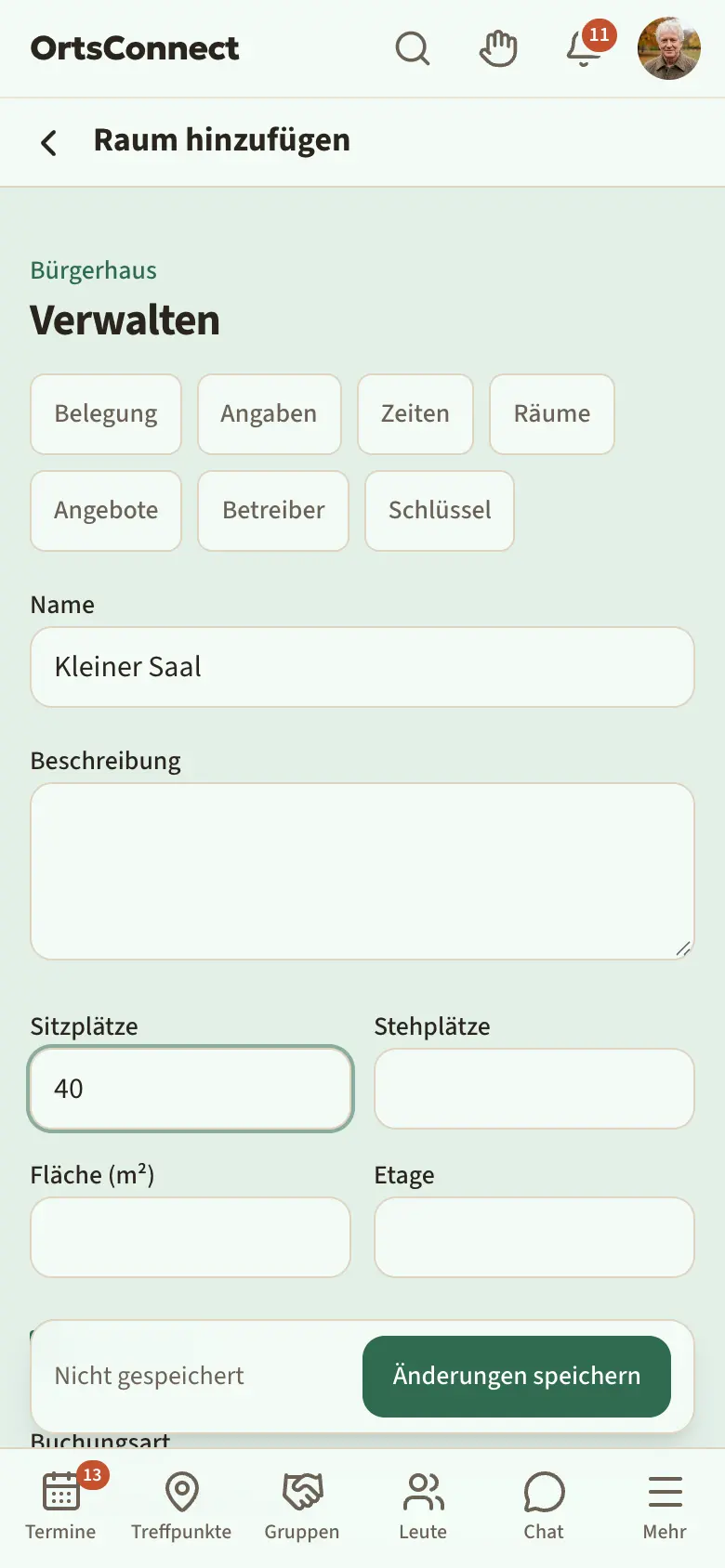 Verwaltung › Räume › Raum hinzufügen, ausgefüllt mit Name, Sitzplätzen, Fläche, Häkchen „Buchbar“, „Buchungsart: wie beim Treffpunkt“ und Preis pro Stunde