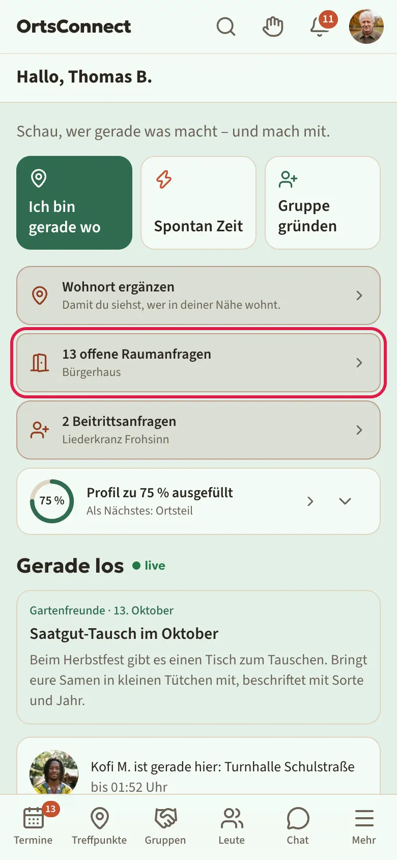 Bereich „Start“ mit der Kachel „2 offene Raumanfragen“ und dem Namen des Treffpunkts darunter, Kachel markiert