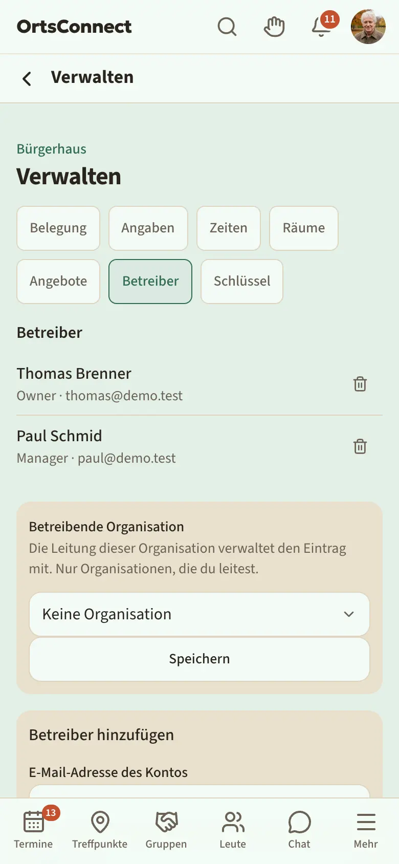 Verwaltung › Betreiber, Liste mit zwei Betreibern (Owner und Manager), darunter Kasten „Betreibende Organisation“ und Kasten „Betreiber hinzufügen“ mit E-Mail-Feld