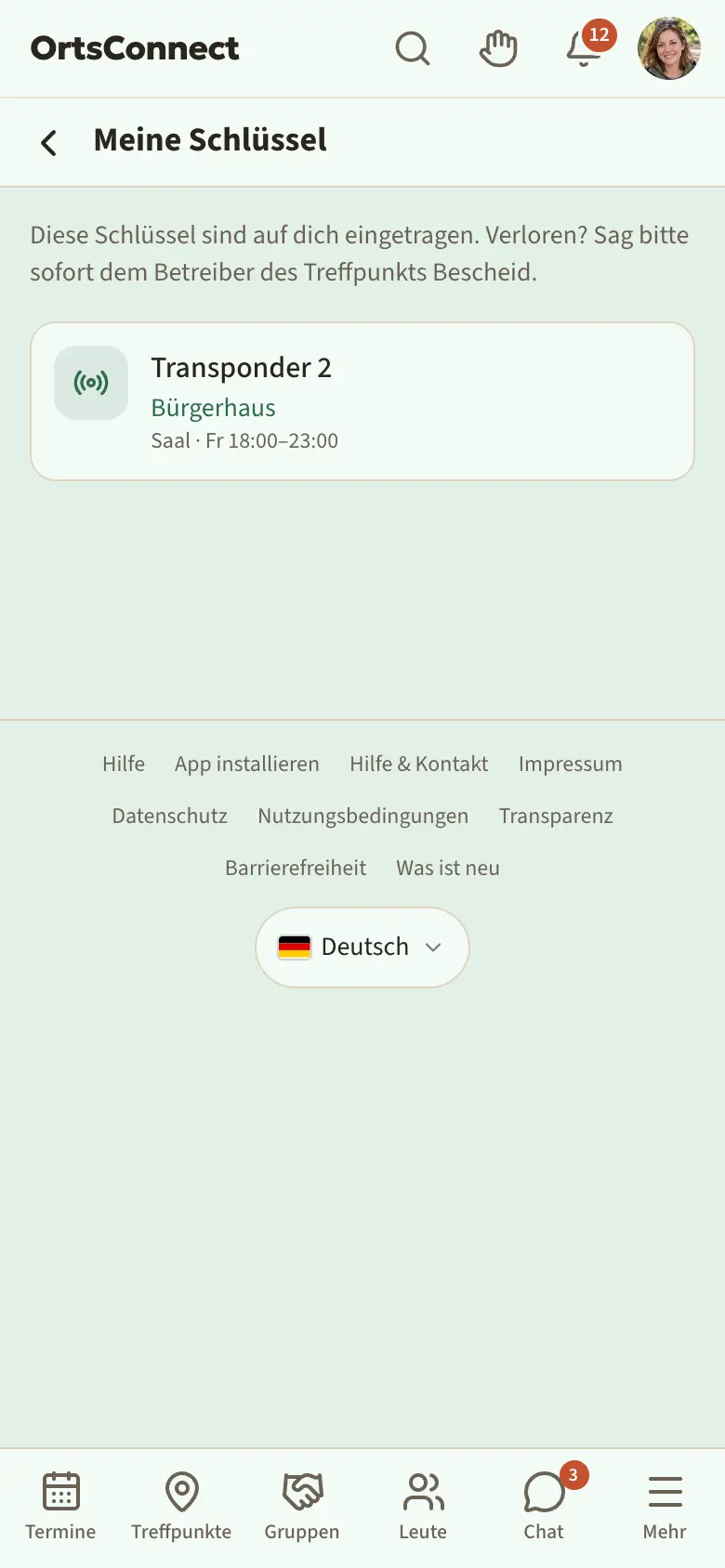 Seite „Meine Schlüssel“ (Avatar-Menü): „Transponder 2“ im Bürgerhaus, Saal, Fr 18:00–23:00