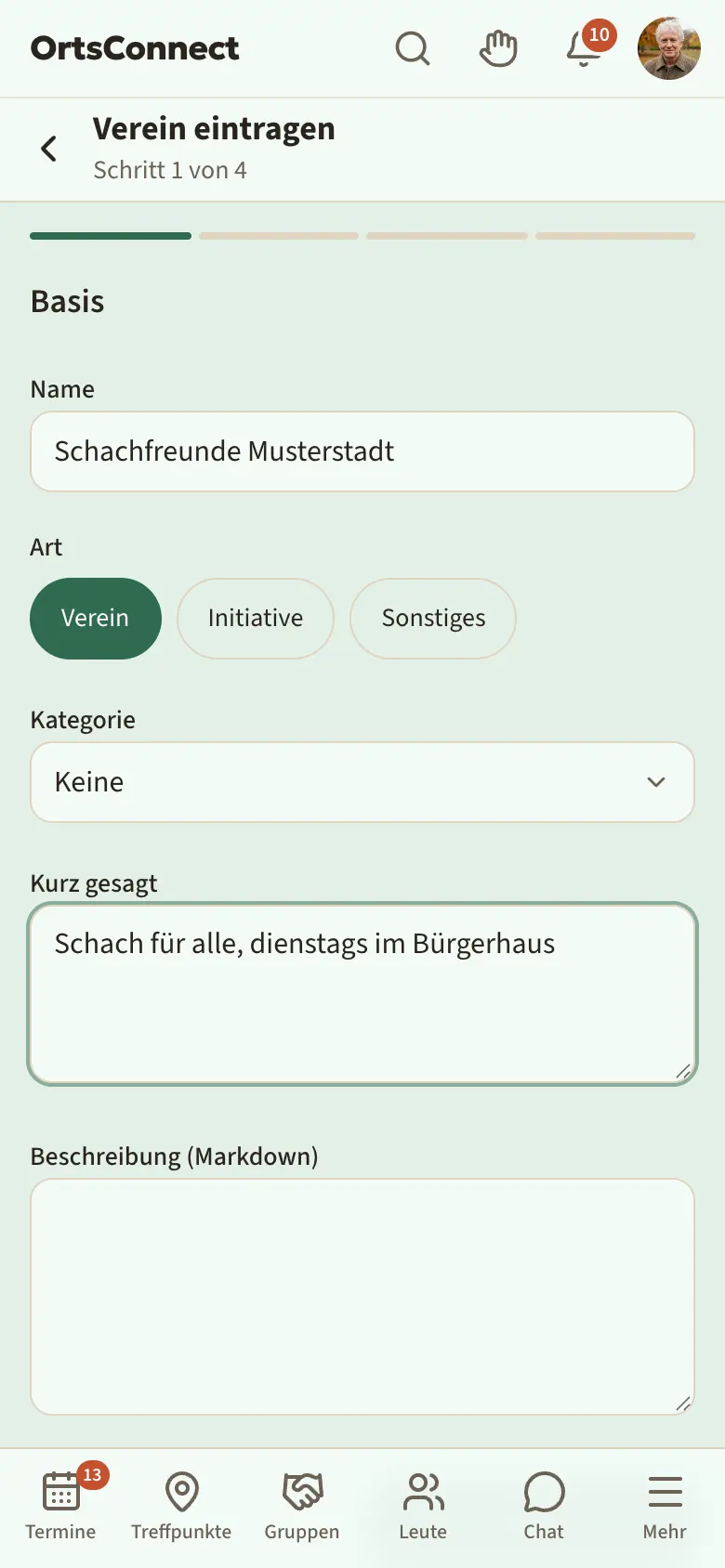 Assistent „Verein eintragen“, Schritt 1 „Basis“, Art „Verein“ ausgewählt, Felder Name, Kategorie und Kurz gesagt ausgefüllt