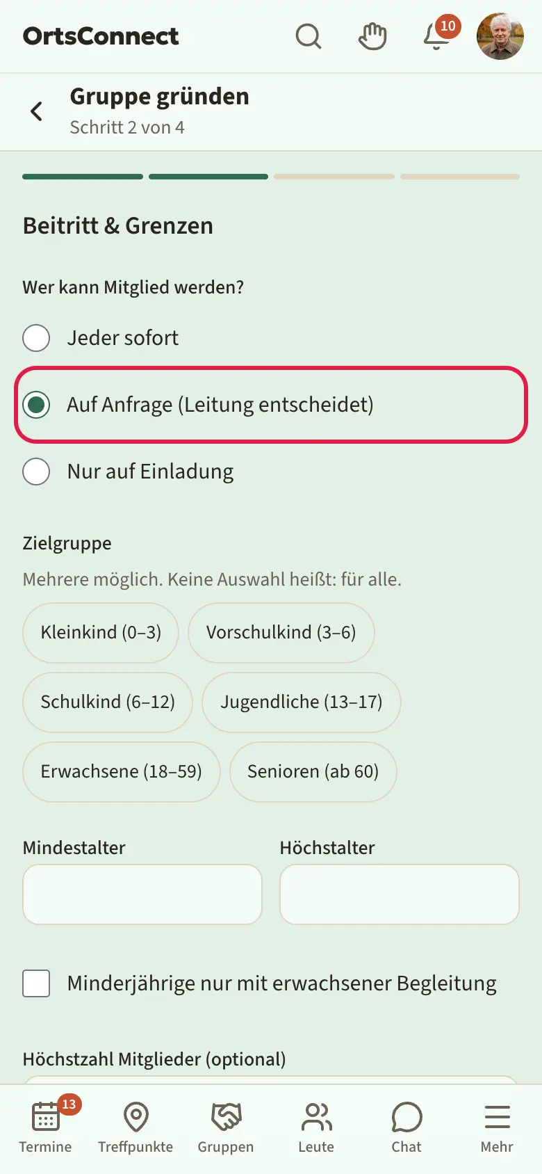 Assistent Schritt 2 „Beitritt & Grenzen“ mit den drei Auswahlpunkten unter „Wer kann Mitglied werden?“, „Auf Anfrage (Leitung entscheidet)“ markiert