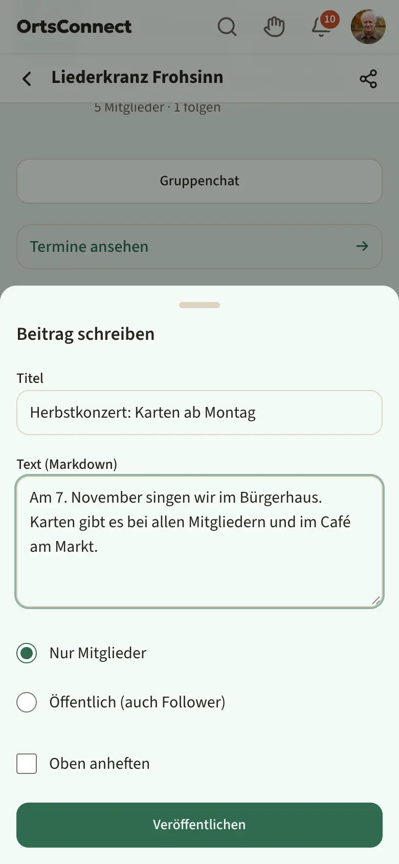 geöffnetes Fenster „Beitrag schreiben“ mit Titel, Text, Auswahl „Nur Mitglieder“ / „Öffentlich (auch Follower)“, Haken „Oben anheften“ und Knopf „Veröffentlichen“