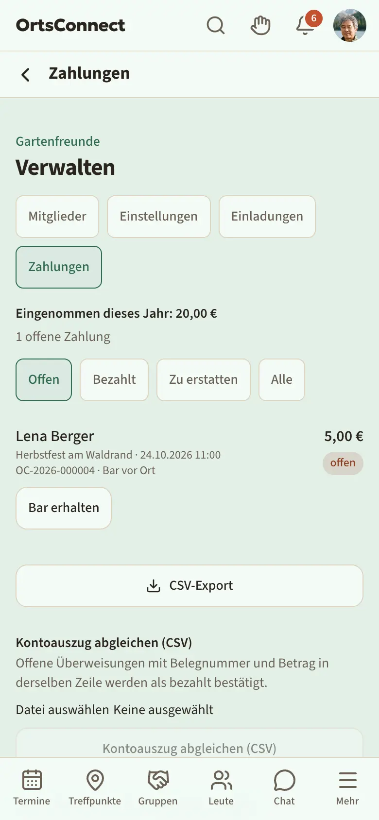 Verwalten › Zahlungen mit Jahreseinnahmen oben, Filter „Offen“ aktiv und einer Zahlung mit den Knöpfen „Bar erhalten“ und „Überweisung erhalten“