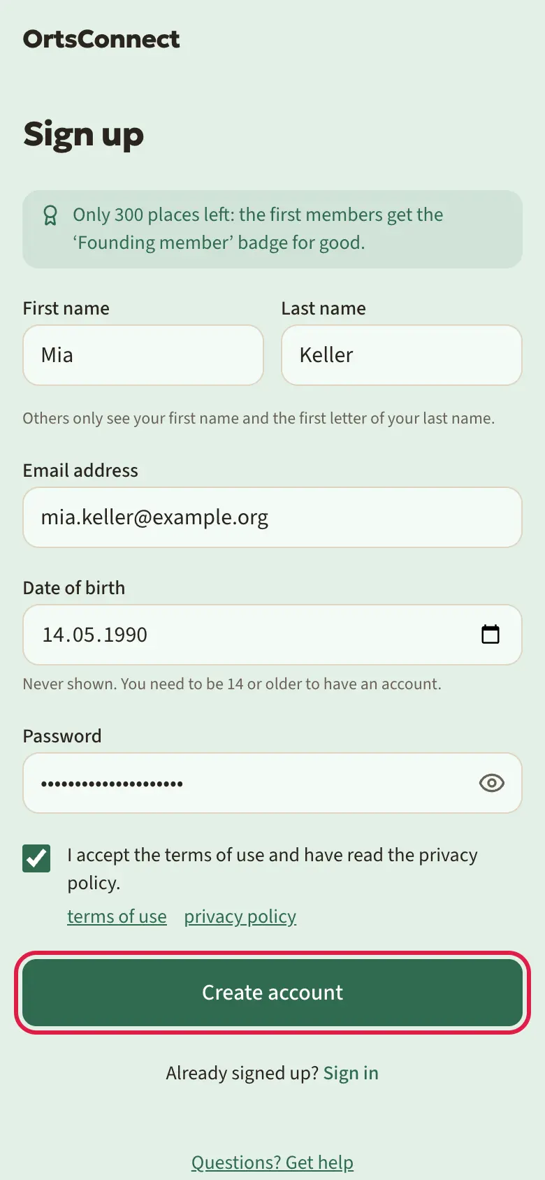 ‘Sign up’ page on a phone, filled in with sample names (first name, last name, email, date of birth, password), terms of use box ticked, ‘Create account’ button highlighted