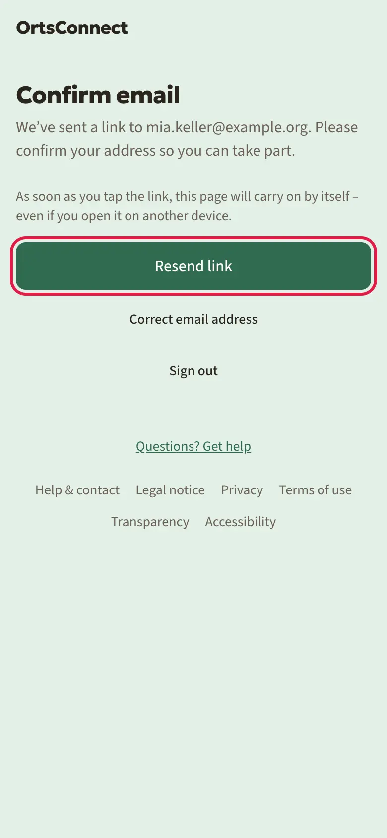 ‘Confirm email’ page with the note about the email that was sent, ‘Resend link’ button highlighted, ‘Sign out’ below