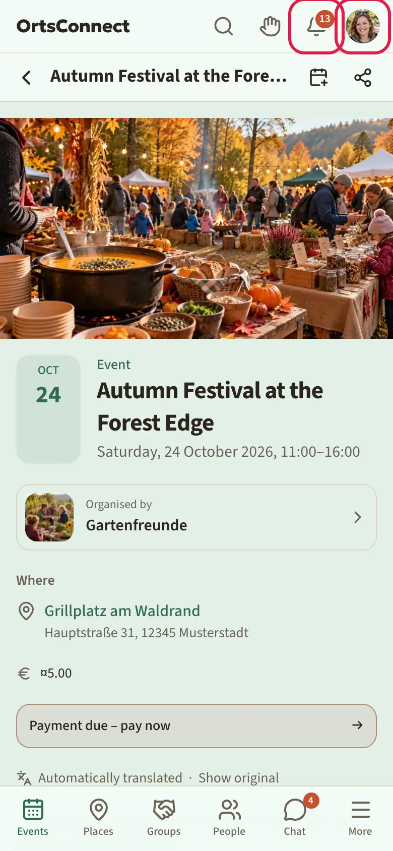 top header of an event page: logo on the left, magnifying glass, bell with the number 3, avatar circle on the right; below it the page header with back arrow, title and the symbols for sharing and more actions; logo, bell and avatar highlighted