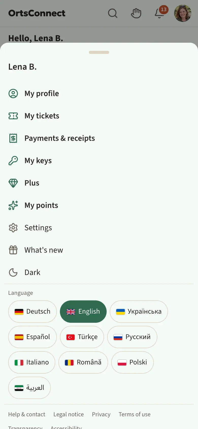 opened avatar menu with the name at the top, below it My profile, My tickets, Payments & receipts, then Settings, What's new, Dark, the row with the legal texts and Sign out (red)