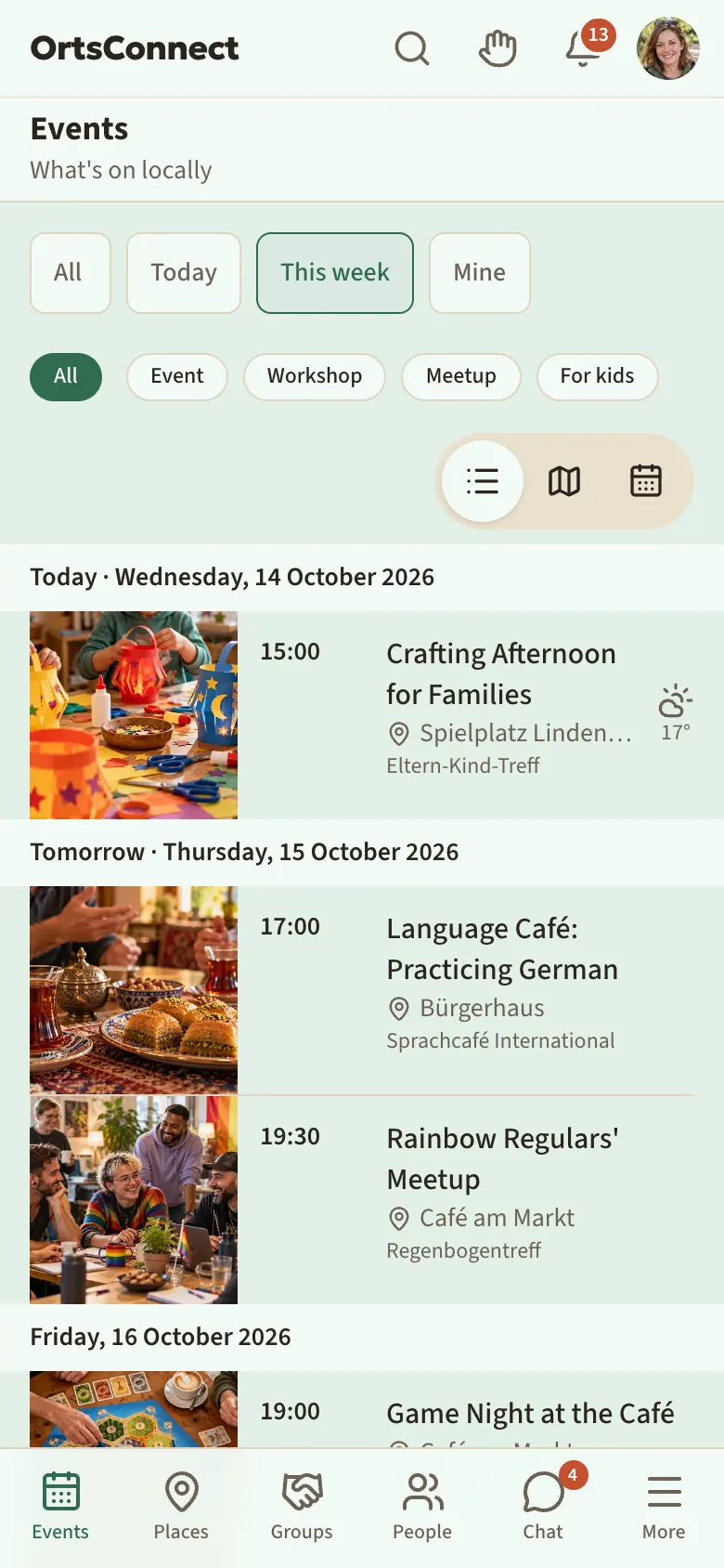 ‘Events’ section with the filter buttons All, Today, This week, Mine; below them Event, Workshop, Meetup, For kids; ‘This week’ is selected; below that a list of events under the heading ‘Today’