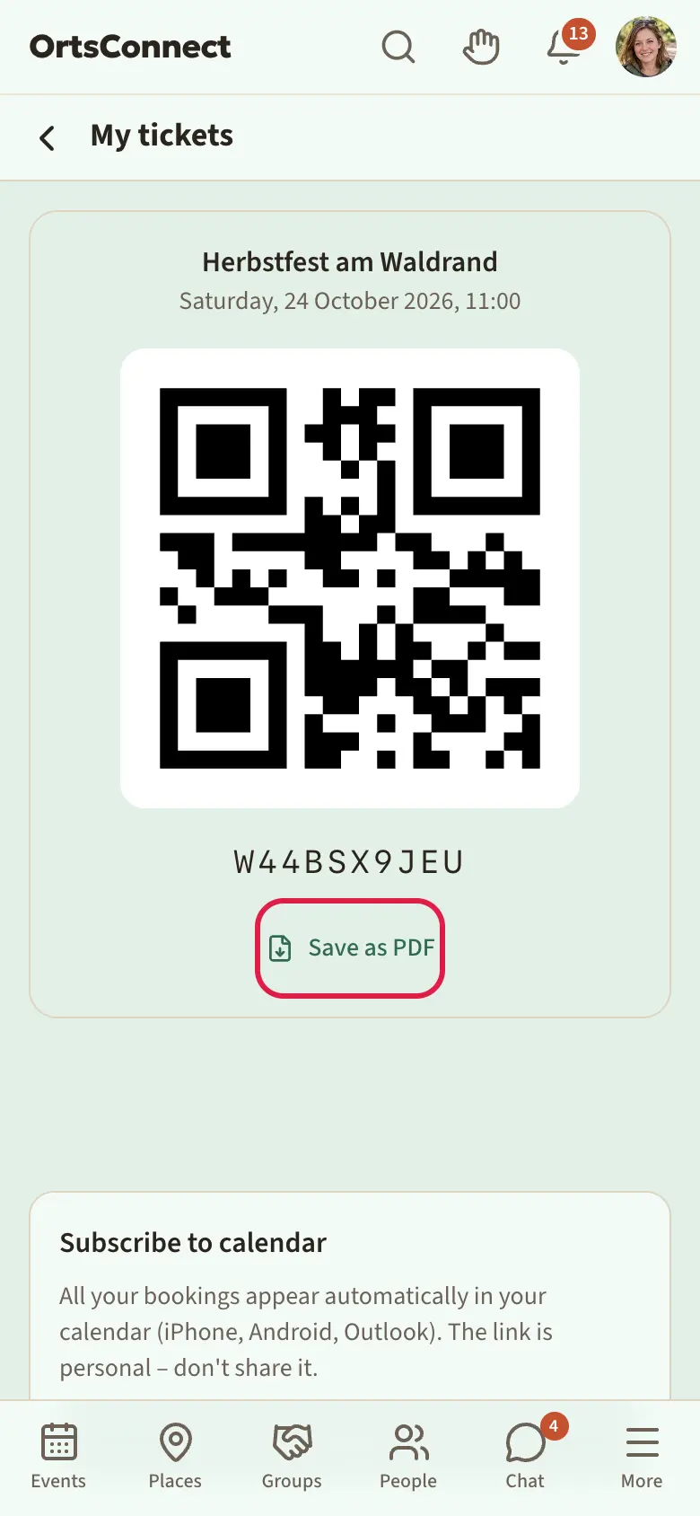 ‘My tickets’ page with an event, a large QR code on a white background, below it the ‘Save as PDF’ button highlighted