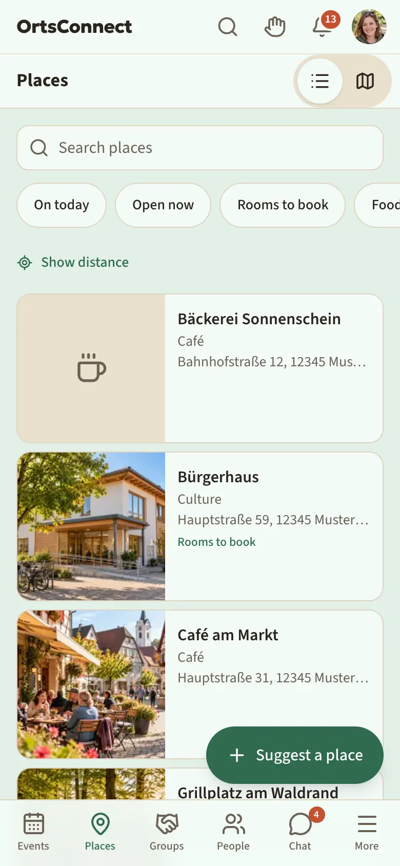‘Places’ section in list view with the filter buttons On today, Open now, Rooms bookable and Food & drink, Shopping etc., below them three place cards with a photo, ‘Open until 18:00’ and distance