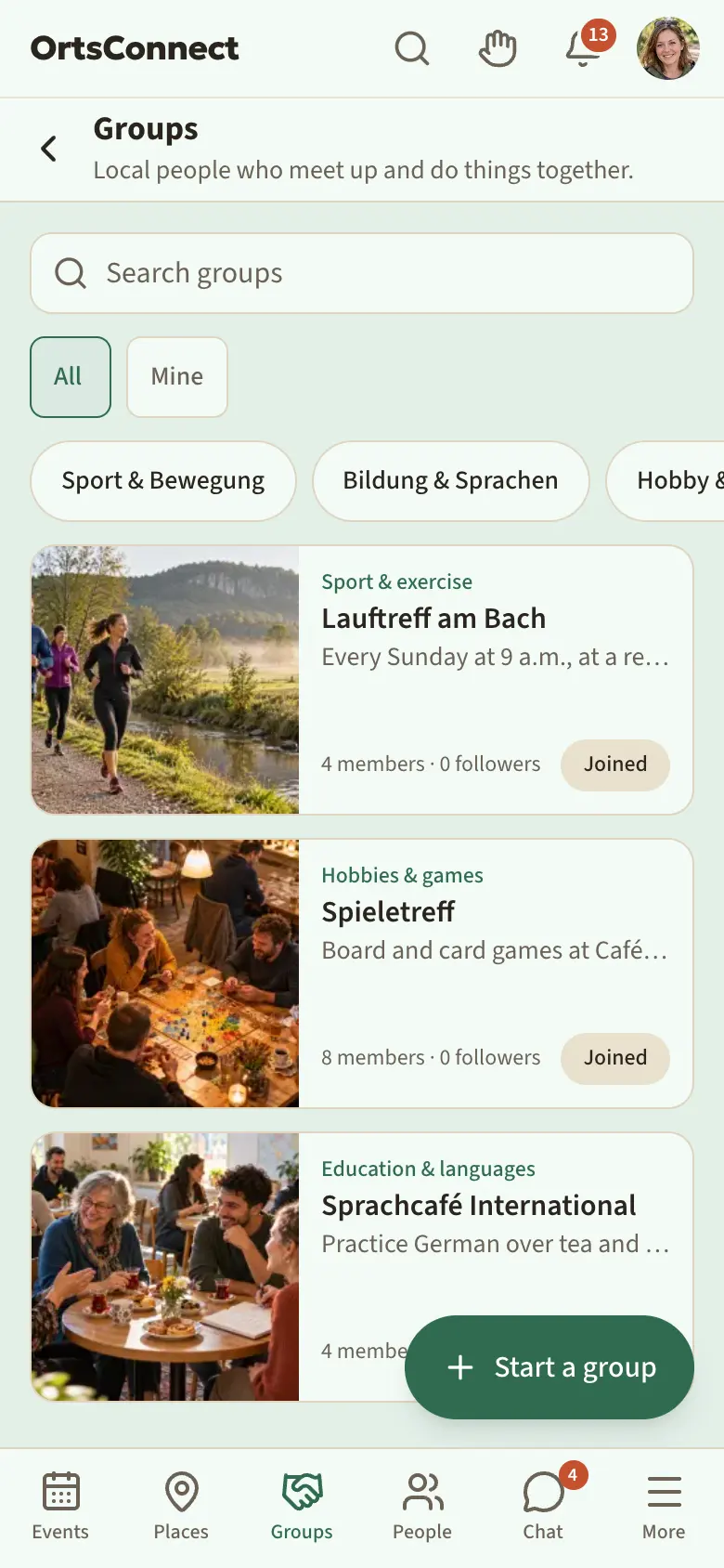 ‘Groups’ section with the ‘Search groups’ search field, the All and Mine tabs, below them the areas as filter buttons, a list of group cards and the ‘Start a group’ button at the bottom right