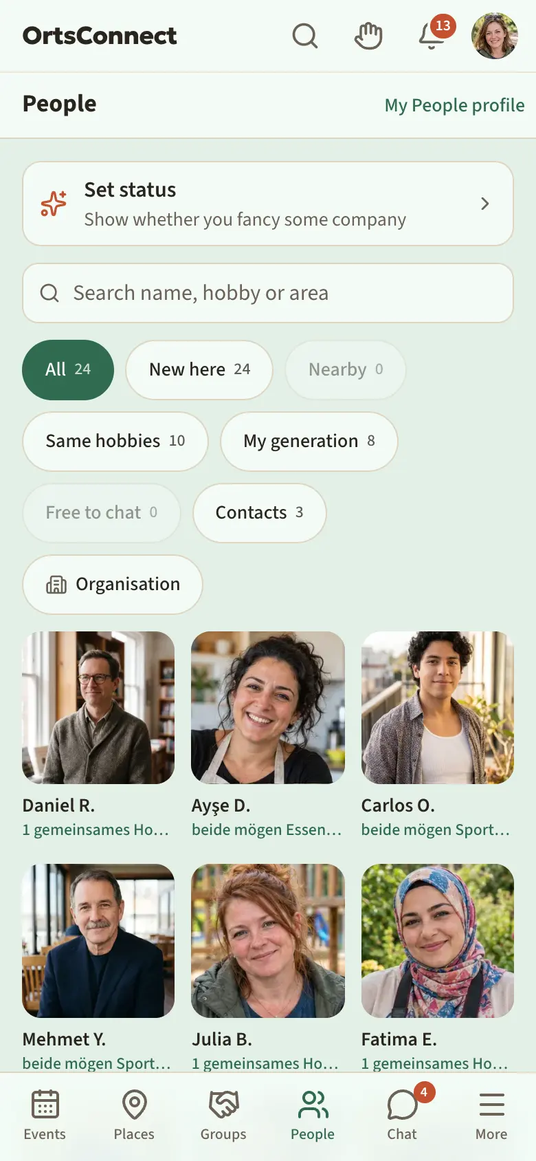 ‘People’ section with the ‘Set status’ row, below it the search field and the filters All, New here, Nearby, Same hobbies, My generation, Free to chat, Contacts with numbers, ‘All’ active; tiles in a grid instead of cards; two person cards with photo, first name and initial, age as a decade and the reason ‘2 shared hobbies (Hiking, Cooking)’