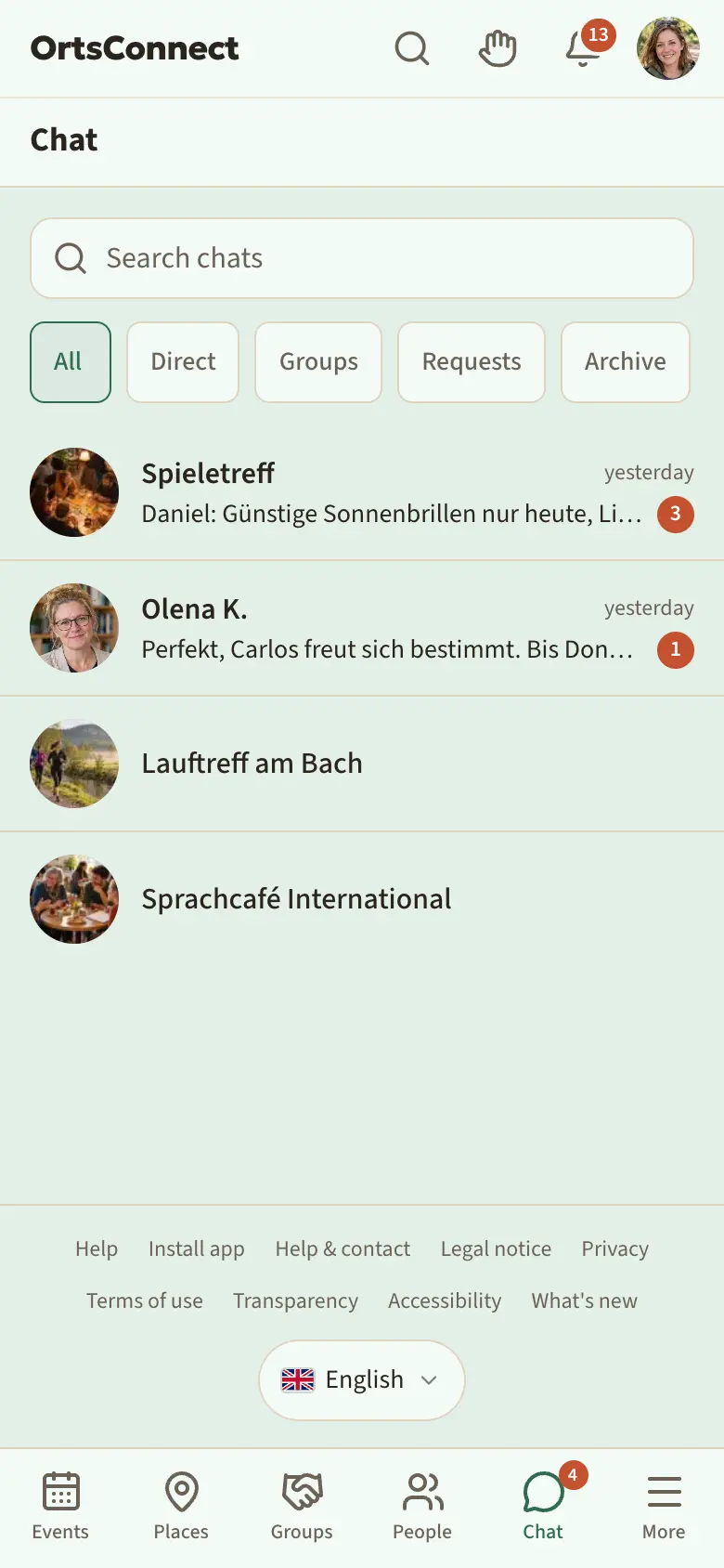 chat overview with the tabs All, Direct, Groups, Requests, Archive, below them a list with a group chat (group symbol) and two direct conversations, one with the number 2 for unread messages