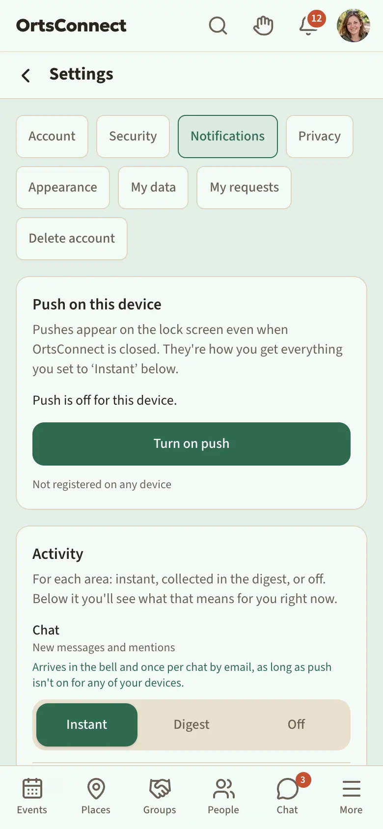 ‘Notifications’ page in the settings with several areas (Chat, Events, People), each with three buttons Instant, Digest, Off; below them ‘Quiet hours’ with the switch on and the times From 22:00 and To 07:00