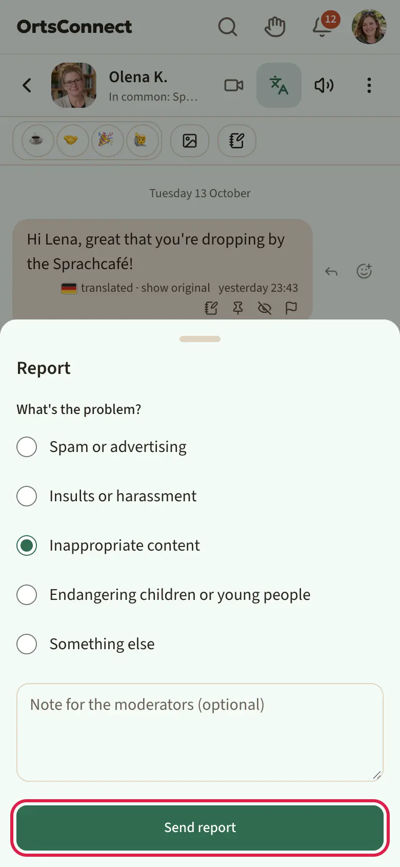 opened ‘Report’ window with the five reasons as options (Inappropriate content selected), below them the note field and the ‘Send report’ button highlighted