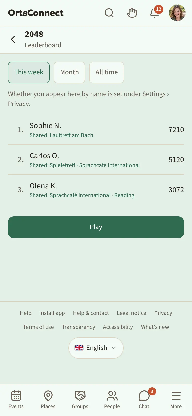 ‘Leaderboard’ page of a game with the tabs This week, Month, All time and a list of places, each with a line ‘Shared: …’ below