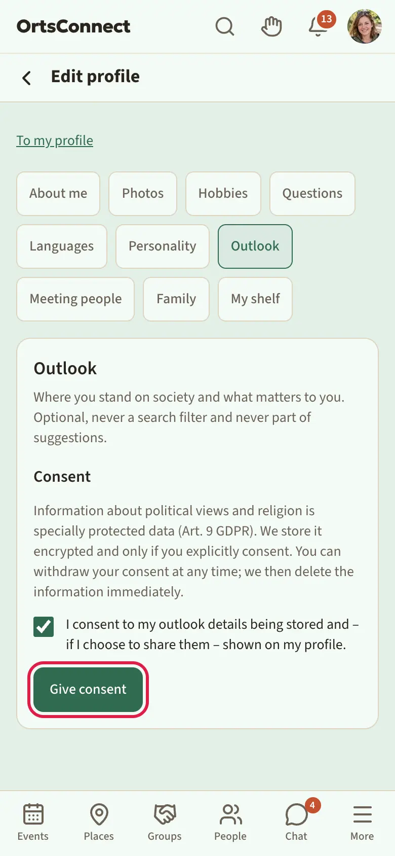 ‘Outlook’ tab before consent: heading ‘Consent’, explanatory text on Art. 9 GDPR, ticked box ‘I consent …’ and the ‘Give consent’ button highlighted