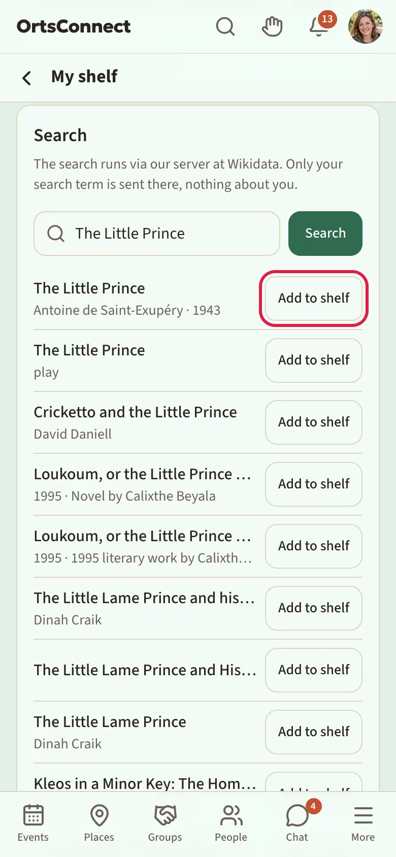 My shelf on a phone: the areas Books, Films & series, Board games, Music at the top; below them the card with your own entries and what applies; below that the search with results and the ‘Add to shelf’ button highlighted