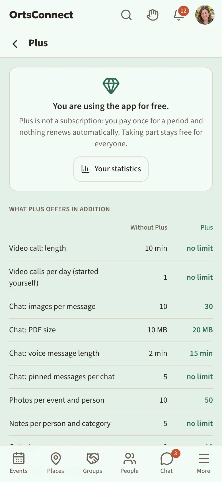 ‘Plus’ page in the browser on a phone: at the top ‘You are using the app for free.’ and the sentence ‘Plus is not a subscription …’, below it the ‘What Plus offers in addition’ table with the columns ‘Without Plus’ and ‘Plus’, below that ‘Get Plus’ with the periods 1 month and 12 months and ‘Continue to payment’