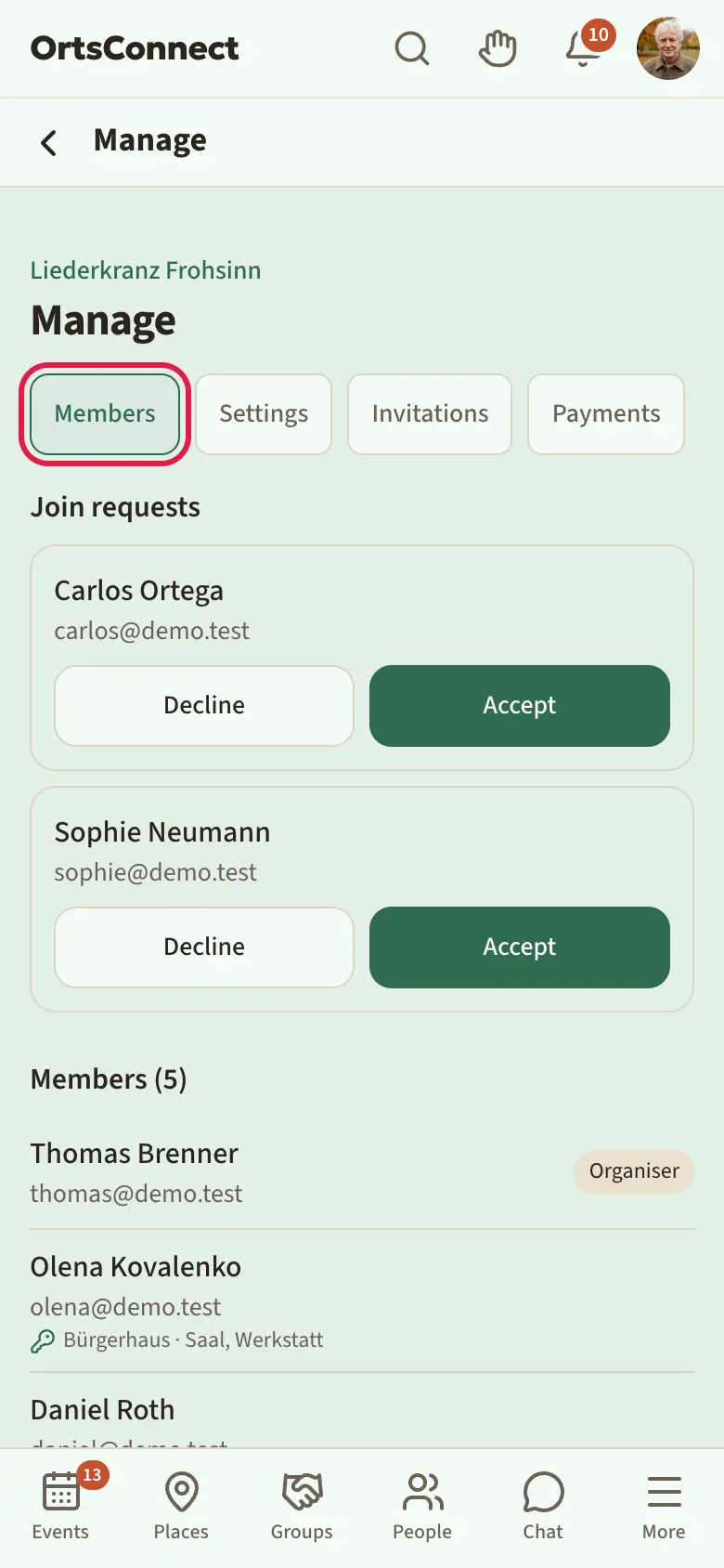 an organisation's management page with the tabs ‘Members’, ‘Settings’, ‘Invitations’, ‘Payments’; ‘Members’ active