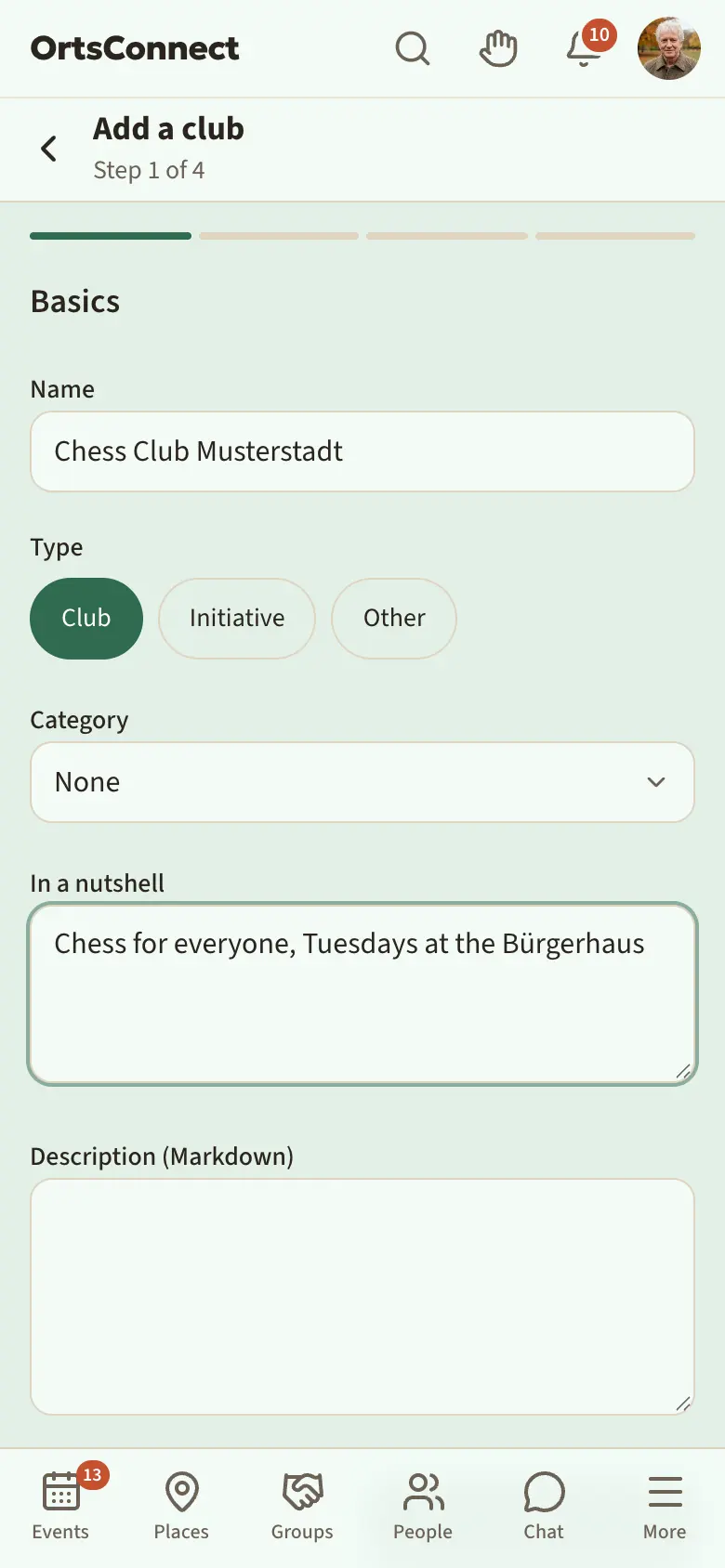 ‘Add a club’ wizard, step 1 ‘Basics’, type ‘Club’ selected, fields Name, Category and In a nutshell filled in