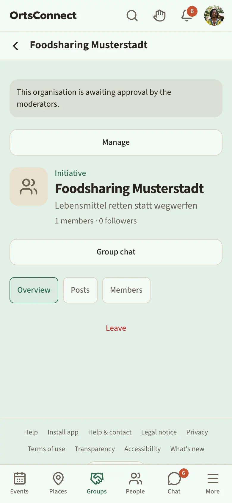 page of a new organisation with the coloured note ‘This organisation is awaiting approval by the moderators.’