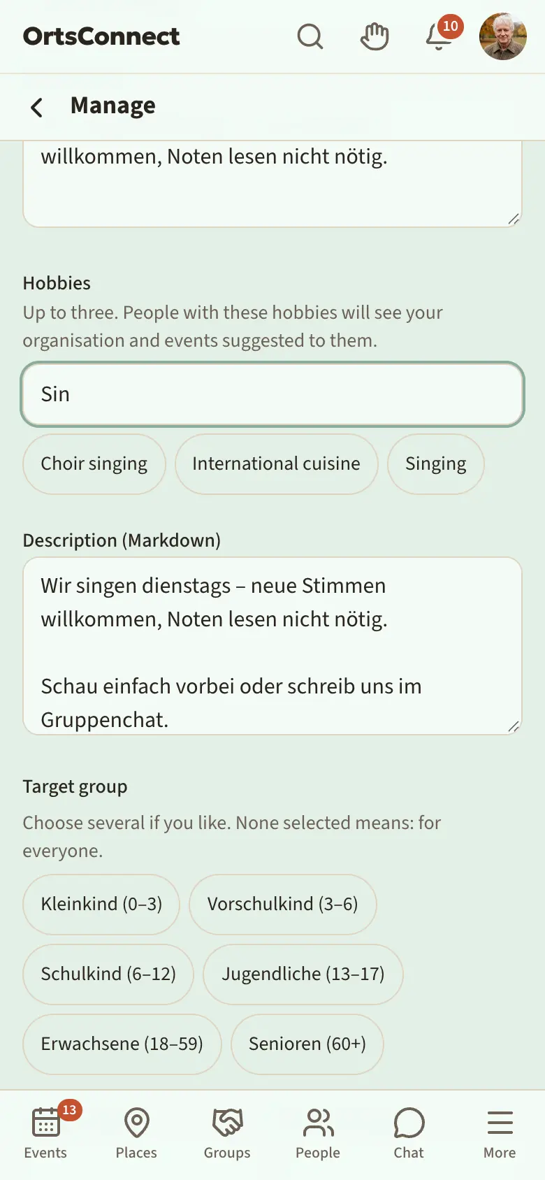 settings, ‘Hobbies’ section with two chosen hobbies as green buttons and the search field below