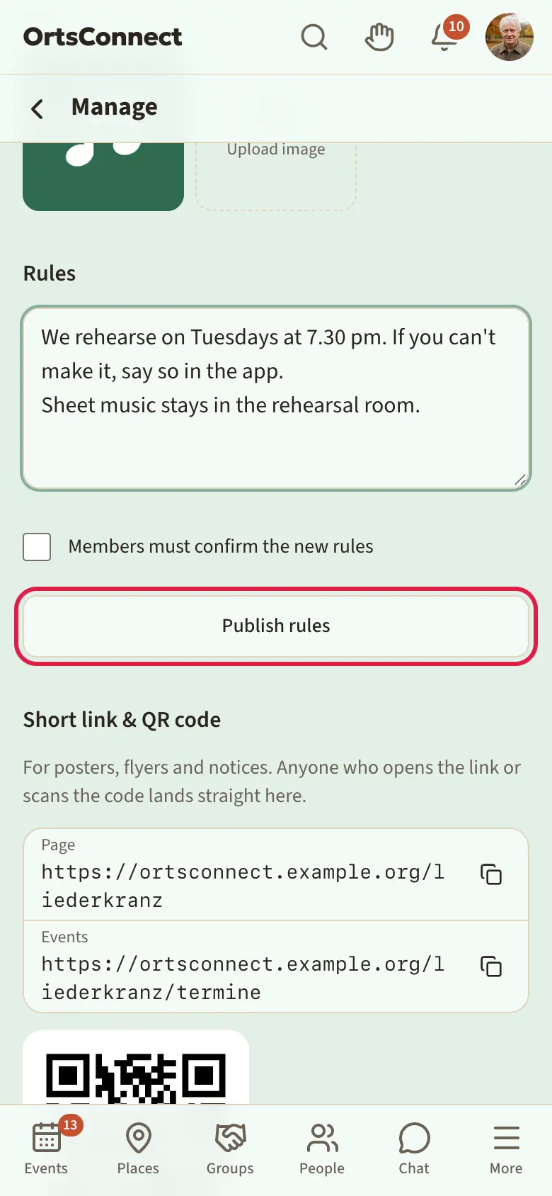 settings, ‘Rules’ section with version number, text field, ‘Members must confirm the new rules’ tick box and ‘Publish rules’ button
