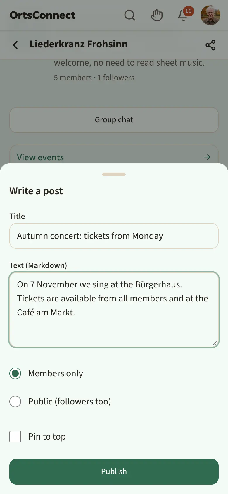 opened ‘Write a post’ window with title, text, choice of ‘Members only’ / ‘Public (followers too)’, ‘Pin to top’ tick box and ‘Publish’ button