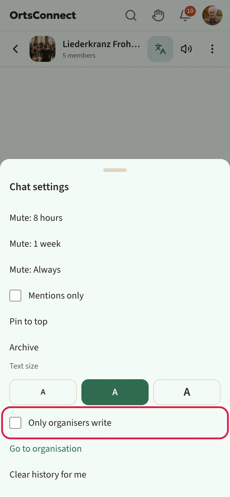 group chat with ‘Chat settings’ open, ‘Only organisers write’ tick box highlighted