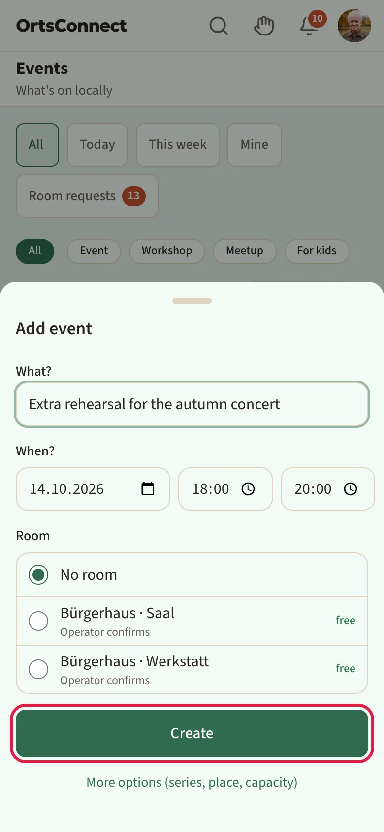 event list with the ‘Add event’ window open: fields ‘What?’, ‘When?’, room list with statuses; ‘Create’ button highlighted