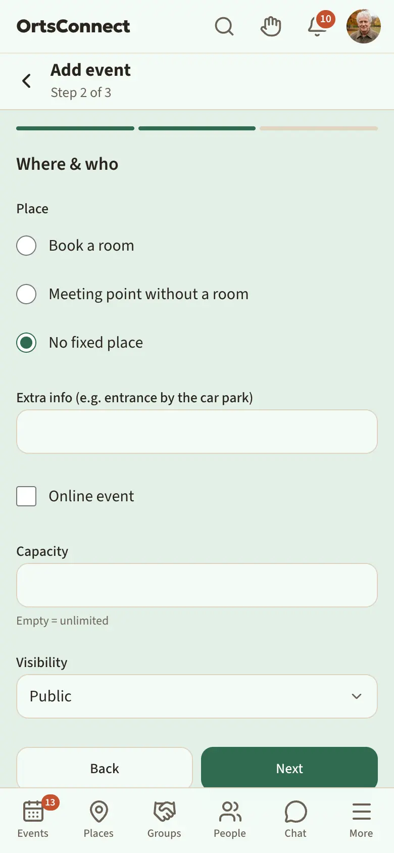 ‘Add event’ wizard, step 2 ‘Where & who’ with the choice ‘Book a room’ / ‘Meeting point without a room’ / ‘No fixed place’, capacity and visibility