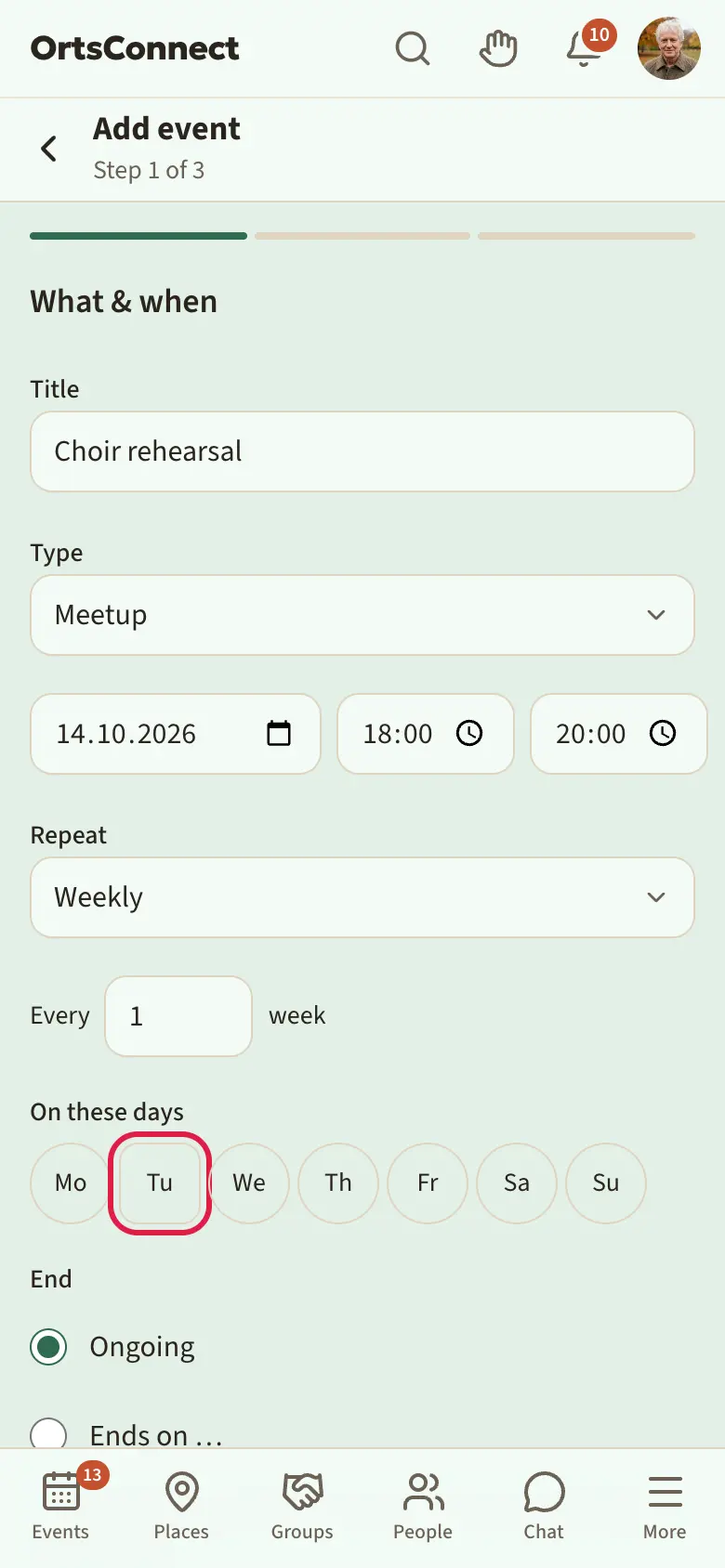 wizard step 1 with Repeat ‘Weekly’, ‘Every’ with the number 1 and ‘weeks’, the weekday Tuesday highlighted and under ‘End’ the choice ‘Ongoing’ / ‘Ends on …’