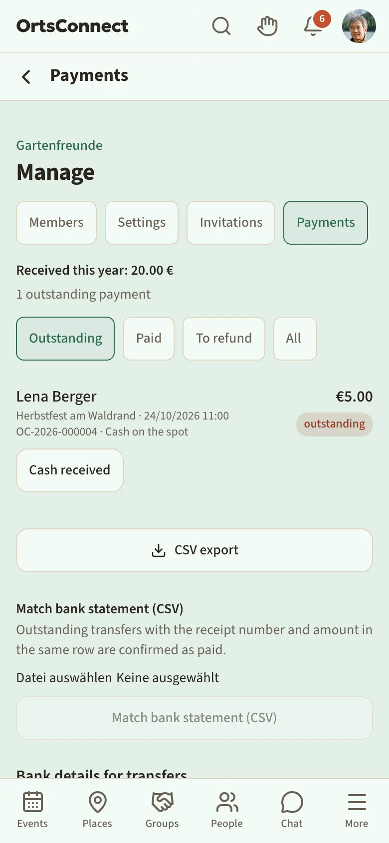 Manage › Payments with the annual income at the top, the ‘Outstanding’ filter active and a payment with the ‘Cash received’ and ‘Transfer received’ buttons