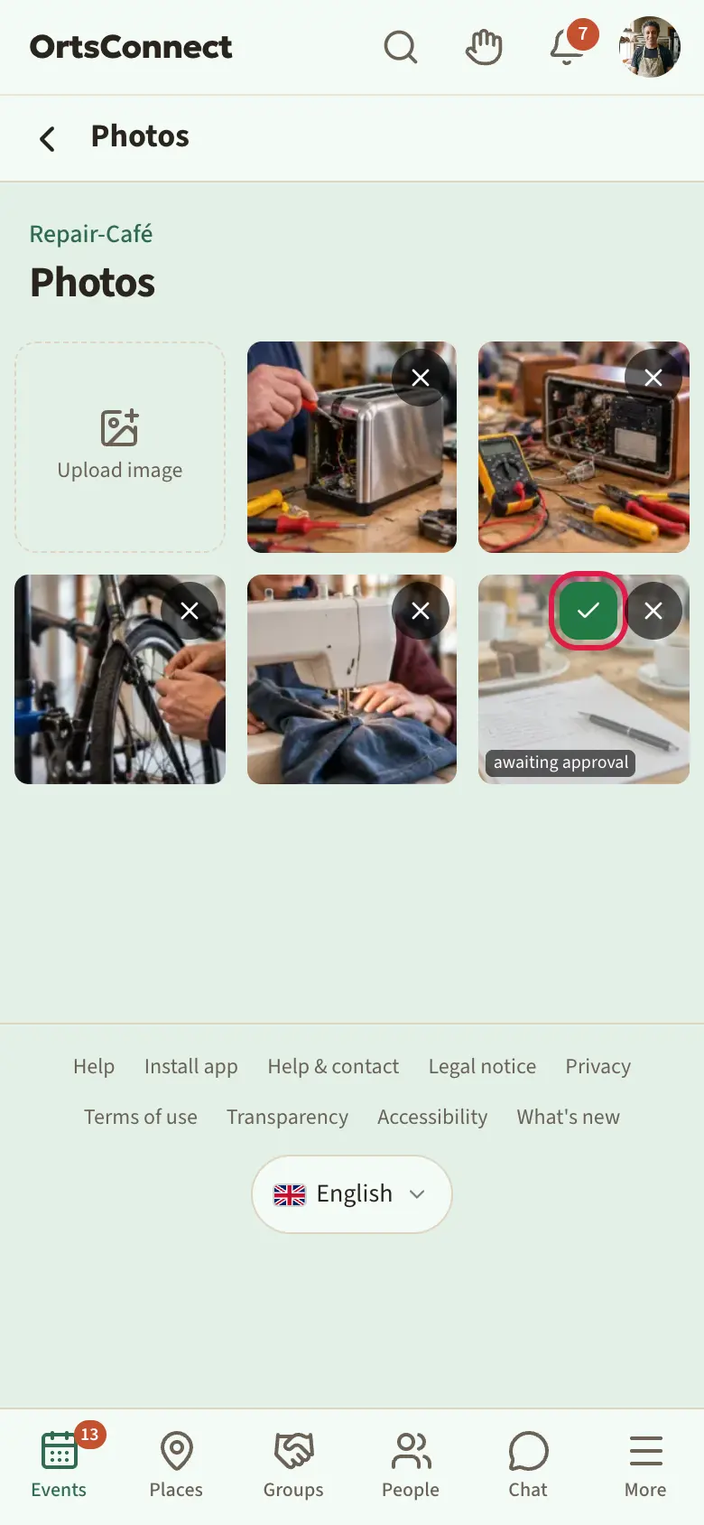 photo page of an event in a grid, one photo semi-transparent with ‘awaiting approval’ and the round tick and cross buttons