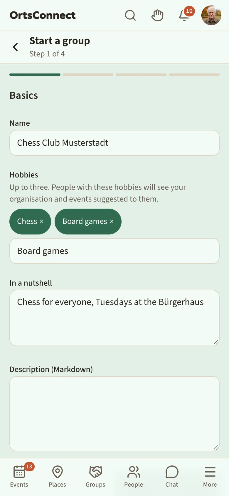 ‘Start a group’ wizard, step 1 ‘Basics’ with the name filled in and two hobbies chosen under ‘Hobbies’, the ‘Search hobbies …’ field below