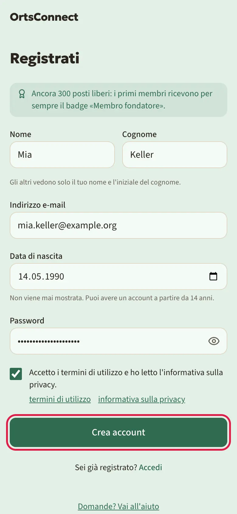 Pagina «Registrati» sullo smartphone, compilata con nomi di esempio (nome, cognome, e-mail, data di nascita, password), spunta alle condizioni d'uso messa, pulsante «Crea account» evidenziato