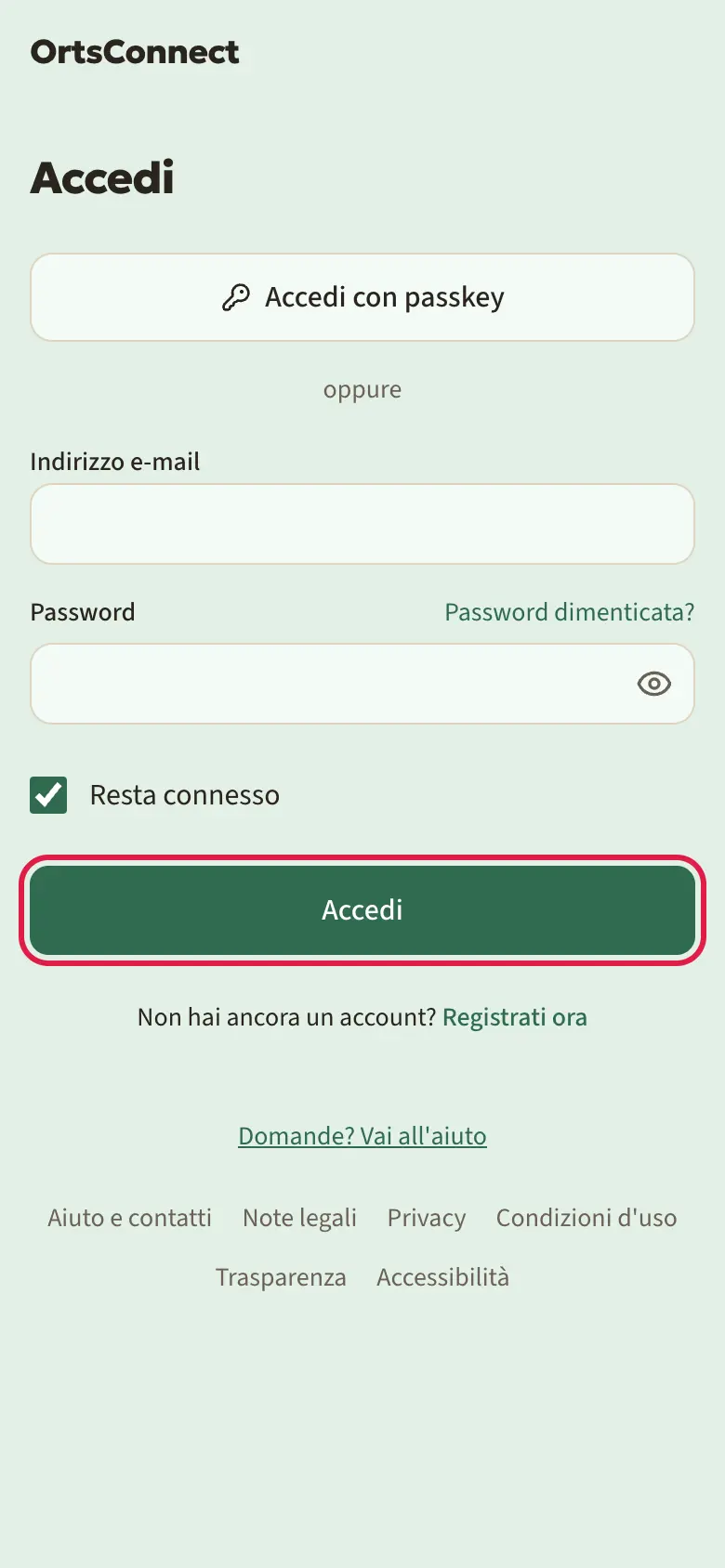 Pagina «Accedi» con il pulsante «Accedi con passkey» in alto, sotto «oppure» e i campi per indirizzo e-mail e password, pulsante «Accedi» evidenziato